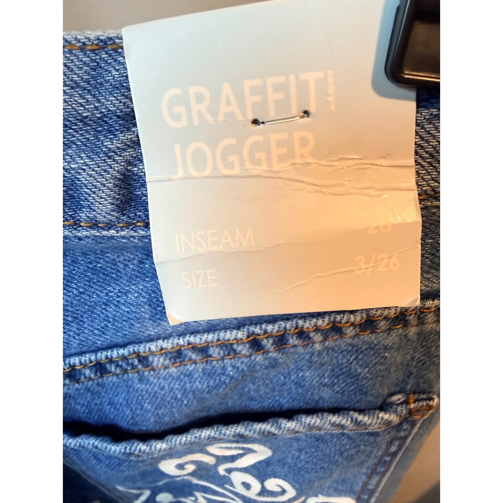 SONG Graffiti Jogger Jeans Women's Size 3/26 Blue Denim Elastic Waist Art - Picture 4 of 10